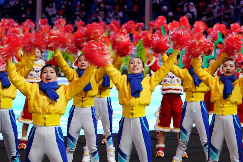 Dancers perform during the pre-show ahead of the opening ceremony of the 2022 Winter Olympics, Friday, Feb.  4, 2022, in Beijing.  (AP Photo/Jae C.  Hong)