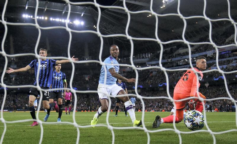Soccer Football - Champions League - Group C - Manchester City v Atalanta - Etihad Stadium, Manchester, Britain - October 22, 2019  Manchester City's Raheem Sterling scores their fifth goal to complete his hat-trick   Action Images via Reuters/Jason Cairnduff