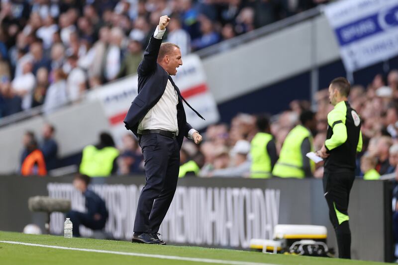 Leicester manager Brendan Rodgers enjoys Maddison's goal. Getty