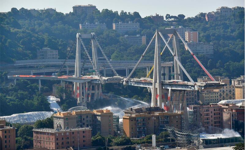 The Morandi bridge moments before a planned expolosion, in Genoa, Italy. AP