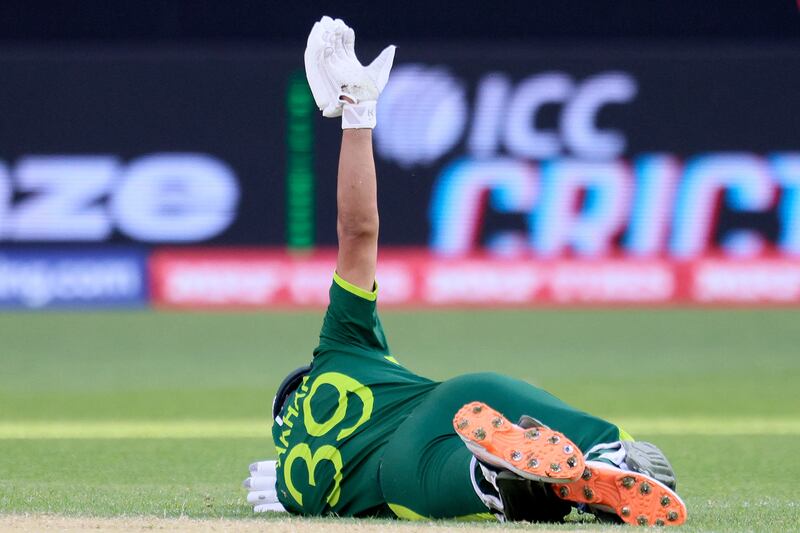 Pakistan's Fakhar Zaman takes a tumble. AFP