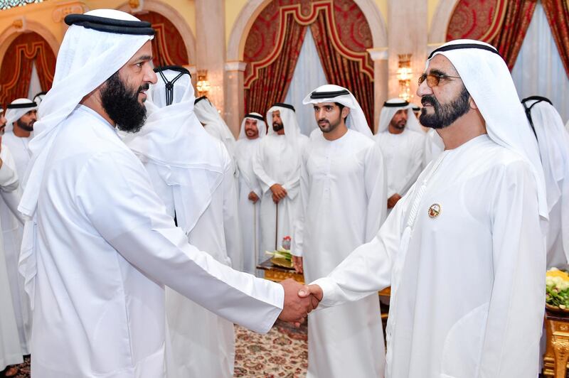 Sheikh Mohammed bin Rashid welcomes a guest at the function held at Za’abeel Palace.