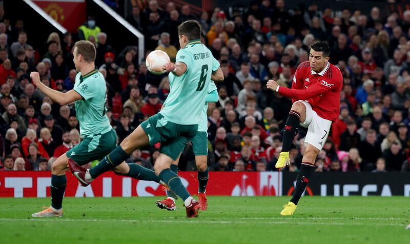 Manchester United's Cristiano Ronaldo shoots at goal. Reuters