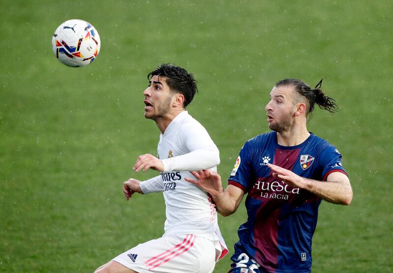 Real Madrid's Marco Asensio under pressure from Gaston Silva of Huesca. Reuters