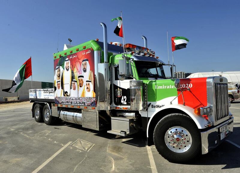 Yahya Bel Helli brings his decorated Peterbilt semi-truck to participate in Abu Dhabi’s bid to enter the Guinness World Records as the largest parade of decorated cars.