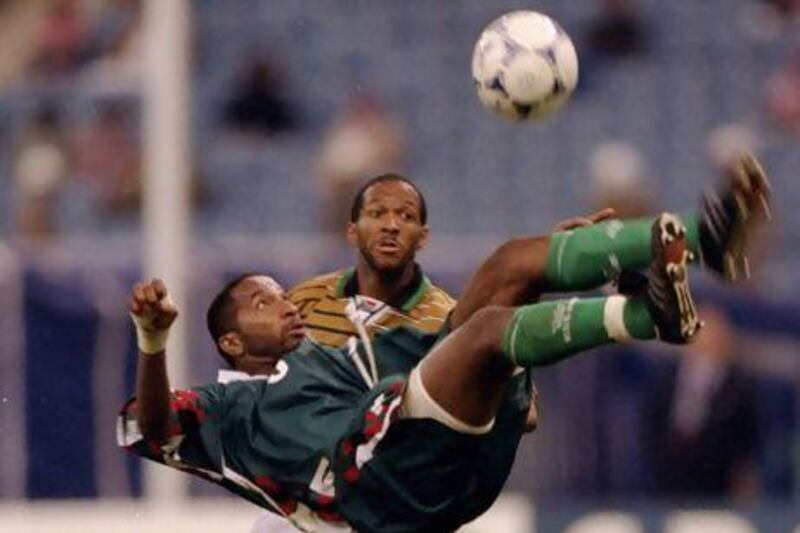 UAE's Ismail Rashed jumps for the ball in the 1997 Confederations Cup game against South Africa, a match UAE won 1-0 in Riyadh, Saudi Arabia. Allsport