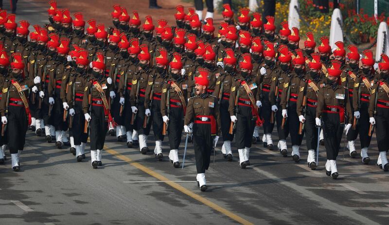 Indian army Jat regiment marches through the ceremonial Rajpath boulevard during India's Republic Day celebrations in New Delhi. AP