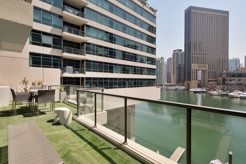 Panoramic views of Dubai Marina from the terrace garden.