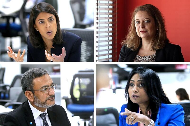 Clockwise from top left: Ambareen Musa, founder and CEO of Souqalmal.com, The National columnist Keren Bobker, Rasheda Khatun from Financial Life Planner, and Jamel Alvi, chief credit officer of Abu Dhabi Islamic Bank, during a round-table panel discussion on why people are getting into excessive debt, how this situation can be resolved and where they can turn for help. Ravindranath K / The National and Marwan Alhammadi / The National