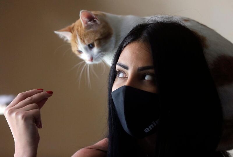 Rim Sadek, a companion animal co-ordinator at Animals Lebanon, tends to a rescued cat in Beirut. AFP
