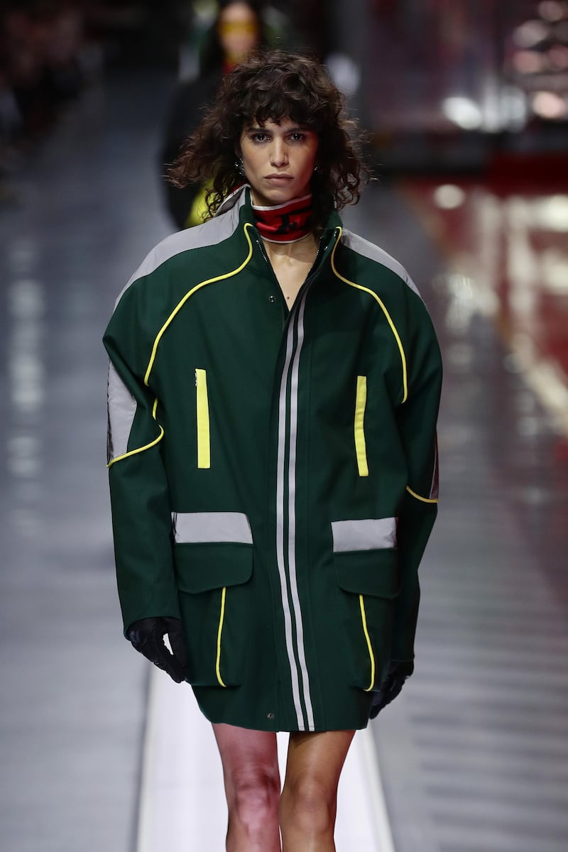 Mica Arganaraz walks the runway at the fashion debut of the first co-ed Ferrari collection at Ferrari Factory on June 13, 2021 in Maranello, Italy. Getty Images