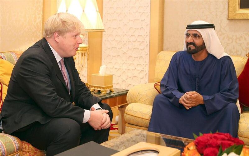April: UAE Vice President and Prime Minister and Ruler of Dubai Sheikh Mohammed bin Rashid (R) talking with Mayor of London Boris Johnson. EPA /Wam 