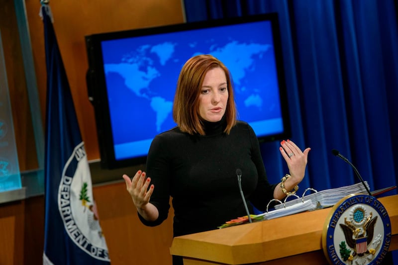 (FILES) In this file photo taken on February 20, 2015 US State Department spokeswoman Jen Psaki delivers a daily briefing at the US State Department in Washington, DC.  US President-elect Joe Biden on Sunday announced an all-female senior White House communications team, what his office called a first in the country's history. Among those named was Jen Psaki, who will serve in the highly visible role of White House press secretary. Psaki, 41, has held a number of senior positions, including White House communications director for the Barack Obama-Biden administration.
 / AFP / BRENDAN SMIALOWSKI
