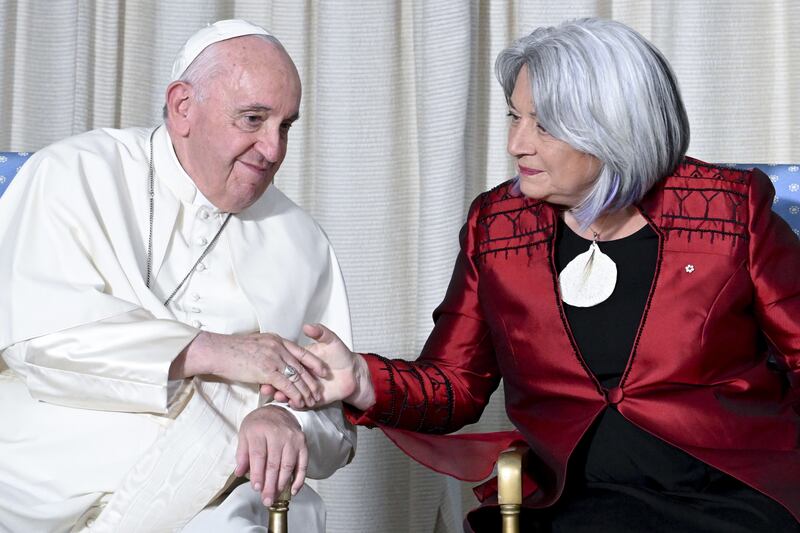 Canadian Governor General Mary Simon receives Pope Francis at the Citadelle. EPA