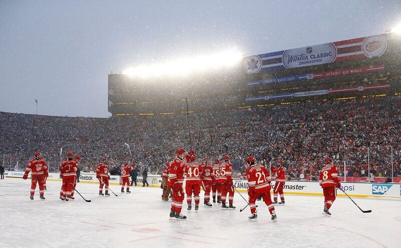 Detroit Red Wings salute the fans after losing 3-2 to the Toronto Maple Leafs during the NHL Winter Classic at Michigan Stadium on Wednesday in Ann Arbor, Michigan. Gregory Shamus/Getty Images