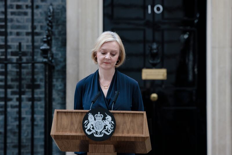 Ms Truss delivers her resignation speech at Downing Street in October 2022, after just 44 days in office
