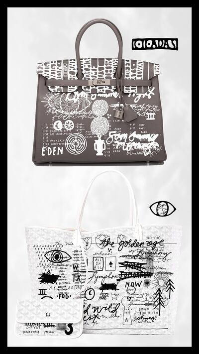 Coreaux's bags feature a mix of doodle-style drawings in a contrast of fine and bold strokes, interlaced with script. Courtesy Oliver Coreaux