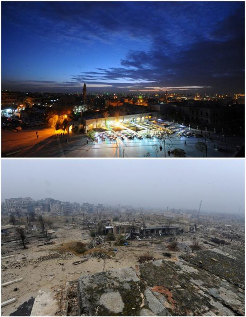 The Old City of Aleppo on November 24, 2008, top, and on December 13, 2016. Omar Sanadiki / Reuters