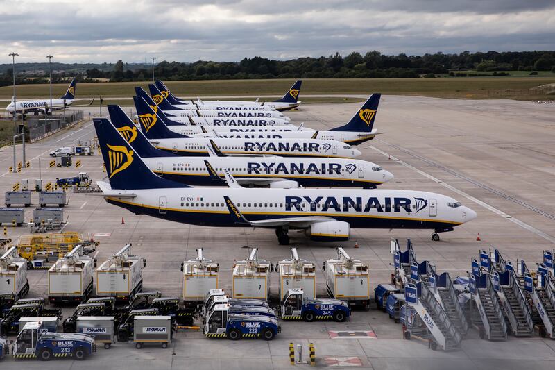 Grounded Ryanair planes at Stansted Airport in the UK. Getty