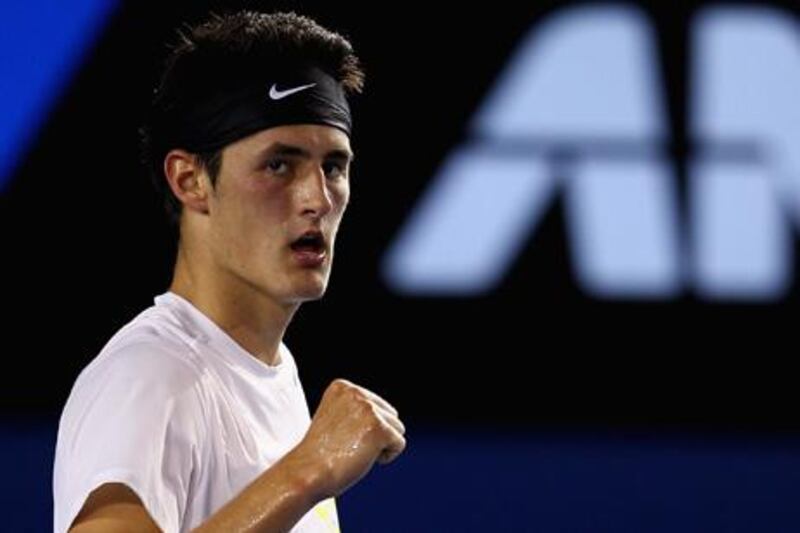 MELBOURNE, AUSTRALIA - JANUARY 20:  Bernard Tomic of Australia celebrates a point in his third round match against Alexandr Dolgopolov of the Ukraine during day five of the 2012 Australian Open at Melbourne Park on January 20, 2012 in Melbourne, Australia.  (Photo by Clive Brunskill/Getty Images)