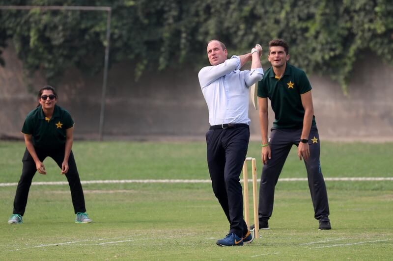 Prince William, Duke of Cambridge plays cricket during his visit of the National Cricket Academy during day four of their royal tour of Pakistan on Thursday, October 17, 2019 in Lahore, Pakistan. Getty Images