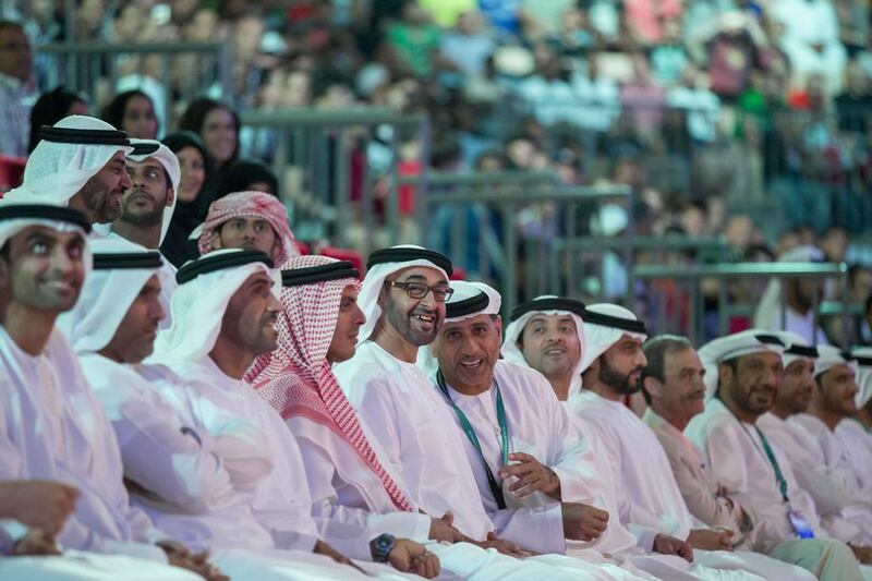 Sheikh Mohammed bin Zayed, Crown Prince of Abu Dhabi and Deputy Supreme Commander of the UAE Armed Forces, fifth from left, was at Zayed Sports City. Courtesy of Ryan Carter / Crown Prince Court - Abu Dhabi