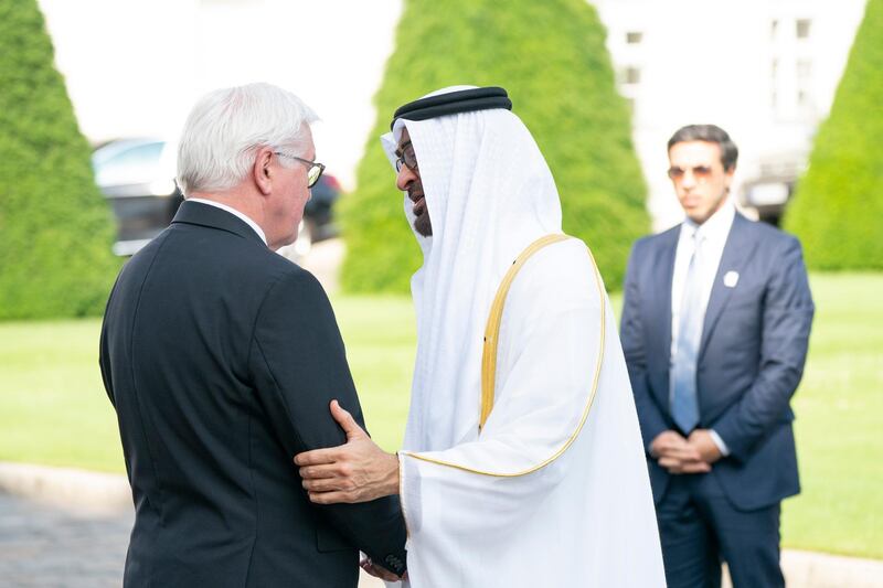 BERLIN, GERMANY - June 11, 2019: HH Sheikh Mohamed bin Zayed Al Nahyan, Crown Prince of Abu Dhabi and Deputy Supreme Commander of the UAE Armed Forces (R), is received by HE Frank-Walter Steinmeier, President of Germany (L), at the Bellevue Palace, during an official visit to Berlin.

( Rashed Al Mansoori / Ministry of Presidential Affairs )
---