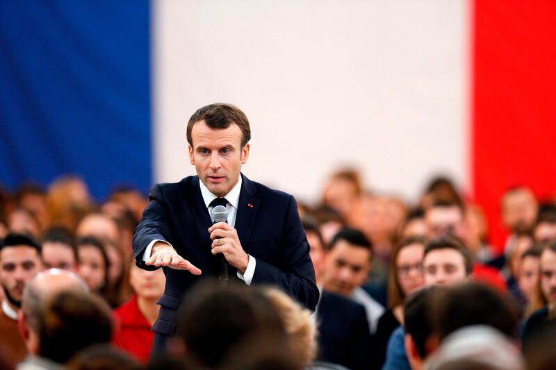 French President Emmanuel Macron speaks during a meeting with youths as part of the "great national debate" in Etang-sur-Arroux, central France, February 7, 2019. The French president called for a two-month debate which has seen dozens of town hall meetings held since the middle of January, as part of his response to the "yellow vest" protests, sparked by anger over high costs of living.
 / AFP / POOL / EMMANUEL FOUDROT
