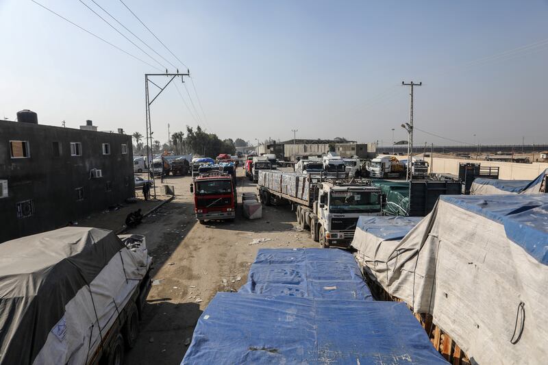 Lorries carrying humanitarian aid line up at the Rafah Border Crossing, Egypt, on the way to Gaza. Reuters