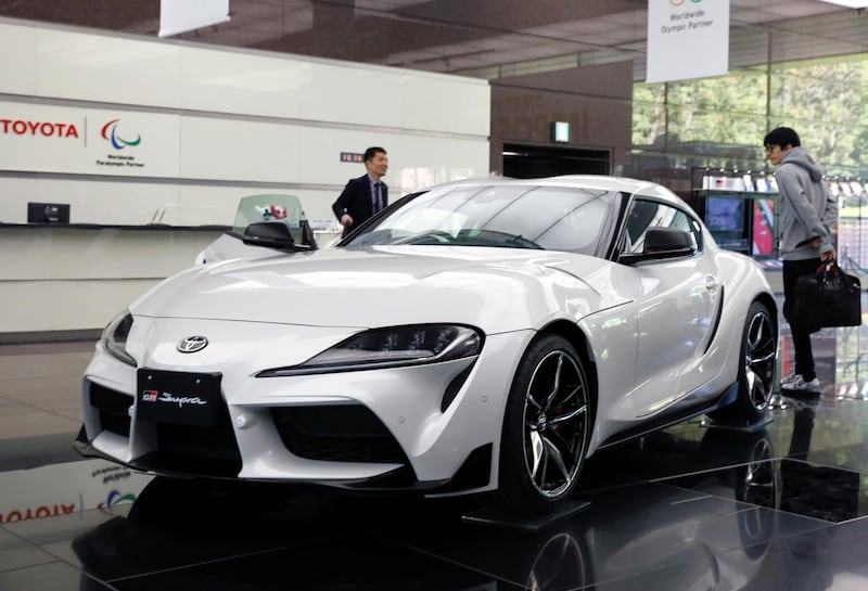 epa07555016 Toyota Supra is displayed at the company's Tokyo headquarters in Tokyo, Japan, 08 May 2019. Toyota Motor said on 08 May 2019 that net revenues for the fiscal year ending 31 March 2019, 274.97 billion US dollar, an increase of 7.68 billion US dollar), while net income decreased from 22.64 billion US dollar to 17.09 billion US dollar.  EPA/KIMIMASA MAYAMA