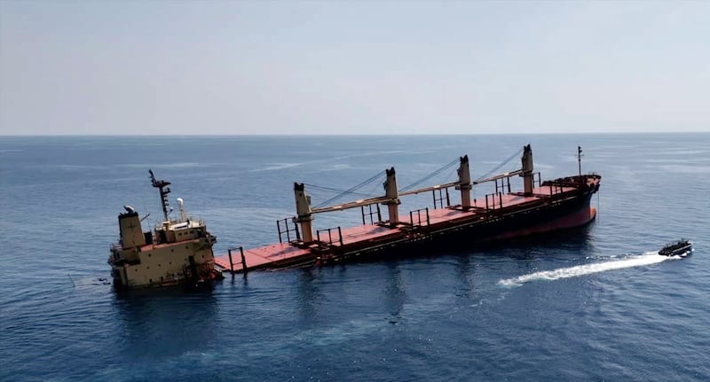 British-registered cargo vessel, Rubymar, sinking after being damaged in a missile attack by the Houthis in the Red Sea off the coast of Yemen. EPA