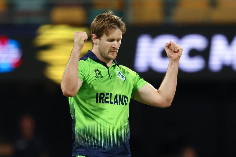 Ireland's Barry McCarthy celebrates after taking the wicket of Australia's Aaron Finch. AP 