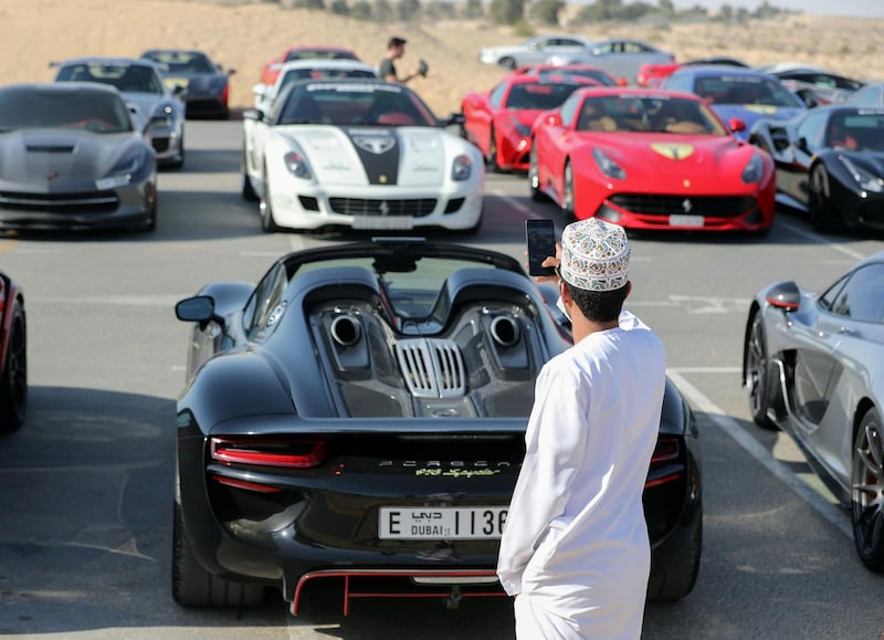 Dubai, United Arab Emirates - January 6th, 2018: A Porsche 918 Spyder at the meeting of the Supercars Club Arabia. Saturday, January 6th, 2018 at Bab Al Shams Desert Resort & Spa, Dubai. Chris Whiteoak / The National