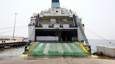 Humanitarian aid to Gaza left from Fujairah on a ship called Peaceland. Chris Whiteoak / The National