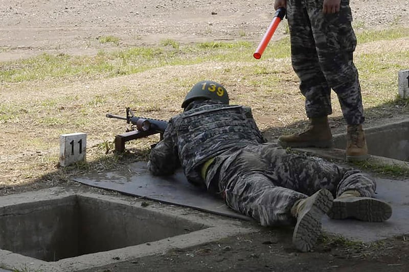 Son Heung-min takes part in shooting drill at a Marine Corps boot camp in Seogwipo on Jeju Island.