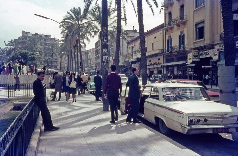 2C5242A A street scene in Beirut in 1967. Beirut is the capital and largest city in Lebanon. It is the third-largest city in the Levant region and the fifteenth-largest in the Arab world. Located on a peninsula at the midpoint of Lebanon's Mediterranean coast, Beirut is an important regional port. It is one of the oldest cities in the world, having been inhabited for more than 5,000 years.. Image shot 1967. Exact date unknown. Alamy