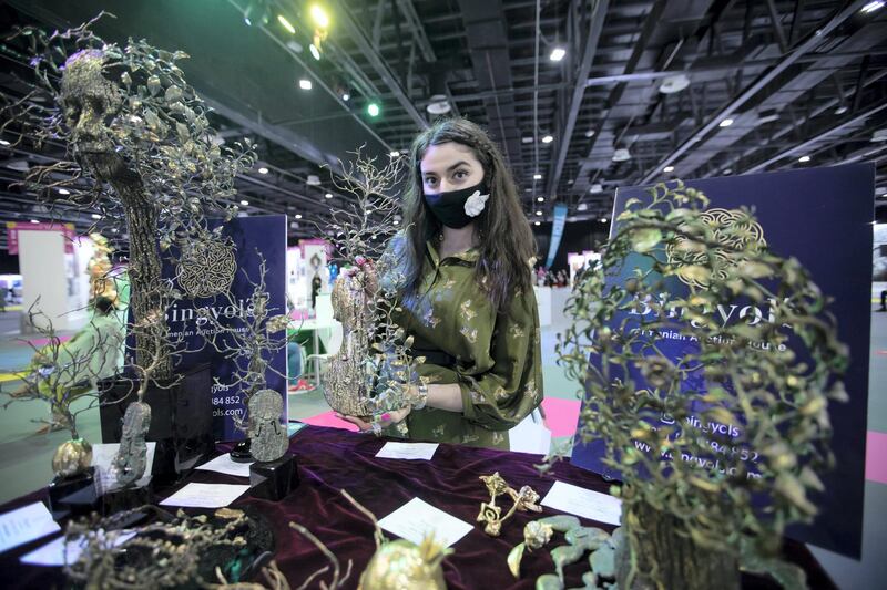 Dubai, United Arab Emirates - Artist Karen Terzyan with her artworks at the World Art Dubai at Dubai World Trade Centre.  Leslie Pableo for The National for Razmig's story