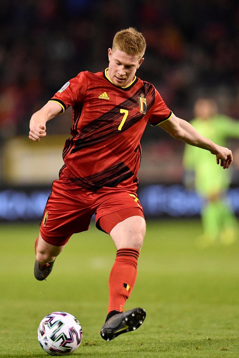 Belgium's forward Kevin De Bruyne shoots the ball during the UEFA Euro 2020 qualification football match between Belgium and Cyprus at the King Baudouin stadium in Brussels on November 19, 2019. (Photo by JOHN THYS / AFP)