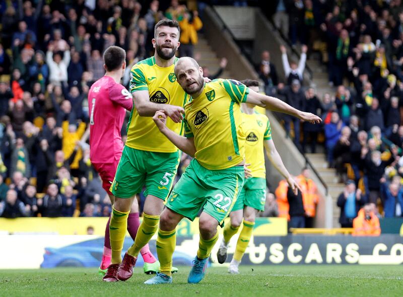 Norwich City's Teemu Pukki celebrates levelling the scores at 2-2.  Reuters