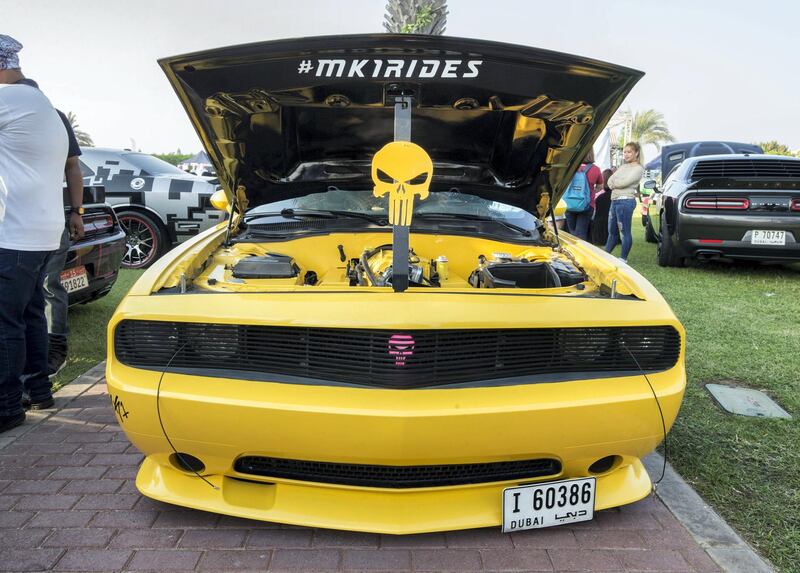 ABU DHABI, UNITED ARAB EMIRATES, 28 OCTOBER 2018 - A Dodge Challenger 2014 model called The Punisher owned by John Constantine at the Street Meet modified cars event, Abu Dhabi City Golf Club.  Leslie Pableo for The National for Adam Workman's story