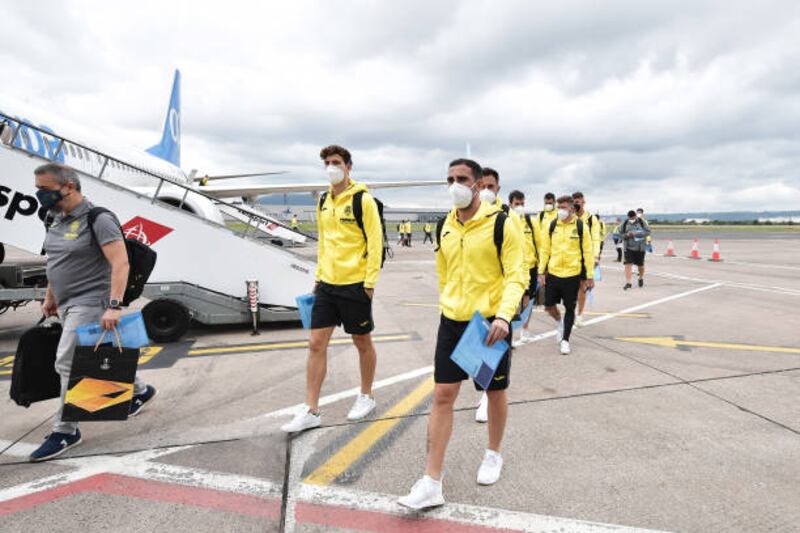 Pau Torres and Paco Alcacer of Villarreal arrive at George Best Belfast City Airport.