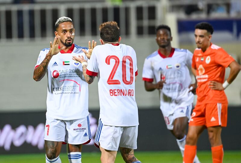 Caio Lucas, left, pictured during Sharjah's Pro League win win over Ajman, was on target again in the Asian Champions League victory against Istiklol. PLC