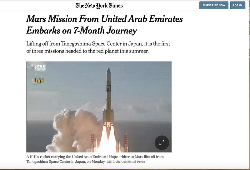 The New York Times focused on the probe's seven month journey to the Red Planet