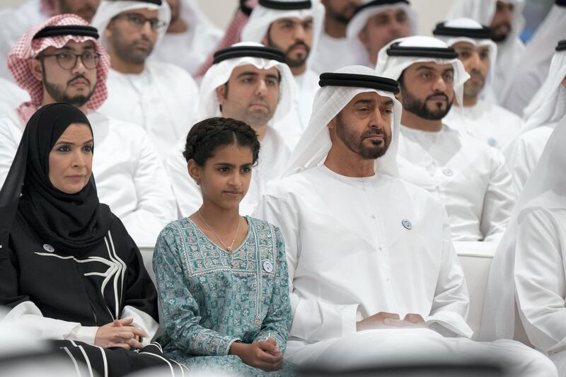 ABU DHABI, UNITED ARAB EMIRATES - May 30, 2018: HH Sheikh Mohamed bin Zayed Al Nahyan Crown Prince of Abu Dhabi Deputy Supreme Commander of the UAE Armed Forces (R), attends a lecture by HE Razan Al Mubarak (not shown) titled, ’For The Love of Nature: Innovative Philanthropy for Species Conservation Worldwide’, at Majlis Mohamed bin Zayed. Seen with HH Sheikha Salama bint Mohamed bin Hamad bin Tahnoon Al Nahya (2nd R) and HE Dr Amal Abdullah Al Qubaisi, Speaker of the Federal National Council (FNC) (L).

( Mohamed Al Hammadi / Crown Prince Court - Abu Dhabi )
---