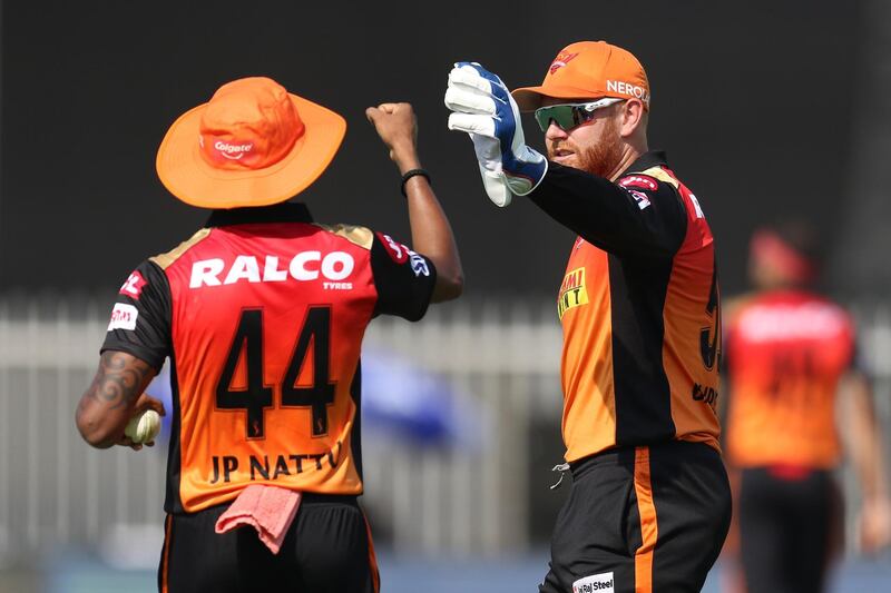 Jonny Bairstow of Sunrisers Hyderabad and T Natarajan of Sunrisers Hyderabad  celebrates the wicket of Surya Kumar Yadav of Mumbai Indians during match 17 of season 13 of the Dream 11 Indian Premier League (IPL) between the Mumbai Indians and the Sunrisers Hyderabad held at the Sharjah Cricket Stadium, Sharjah in the United Arab Emirates on the 4th October 2020.
Photo by: Deepak Malik  / Sportzpics for BCCI