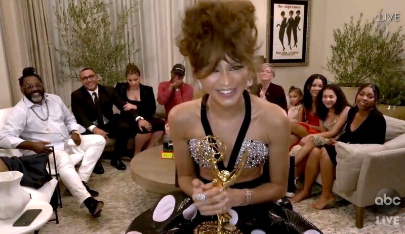 Zendaya accepts the award for outstanding lead actress in a drama series for 'Euphoria' during the 72nd Emmy Awards. AP