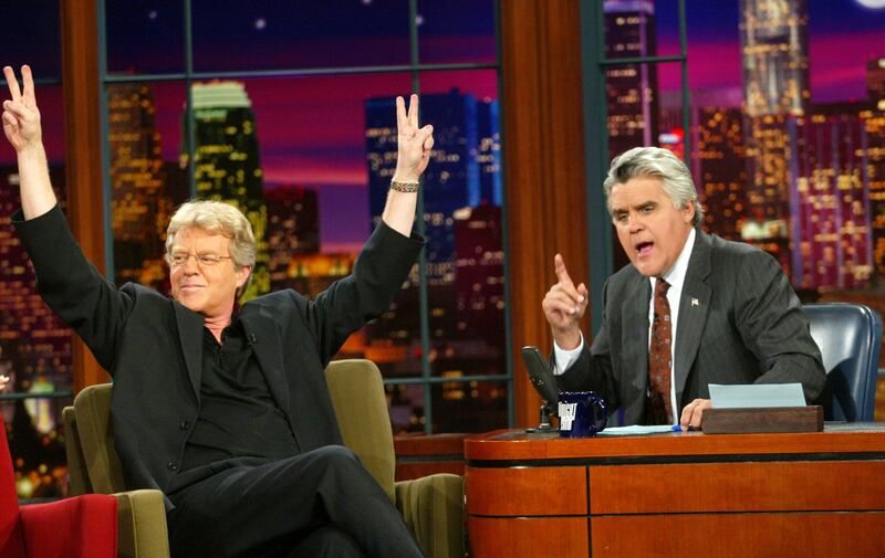 Springer and Jay Leno during the Tonight Show with Jay Leno in 2003 in Burbank, California. Getty 