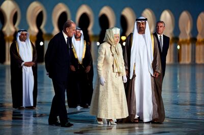 Queen Elizabeth II and her husband Prince Philip, the Duke of Edinburgh paid a visit to the Sheikh Zayed Grand Mosque with President Sheikh Mohamed in 2010. Andrew Henderson / The National 