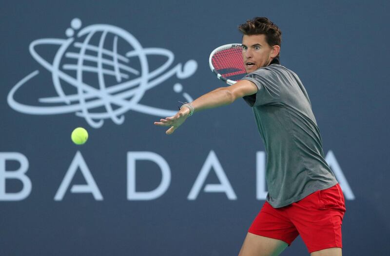 Austria's Dominic Thiem in action during the third place match against Russia's Karen Khachanov at the Mubadala World Tennis Championship in Abu Dhabi on Saturday. Reuters