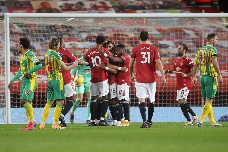 Manchester United celebrate taking the lead. EPA